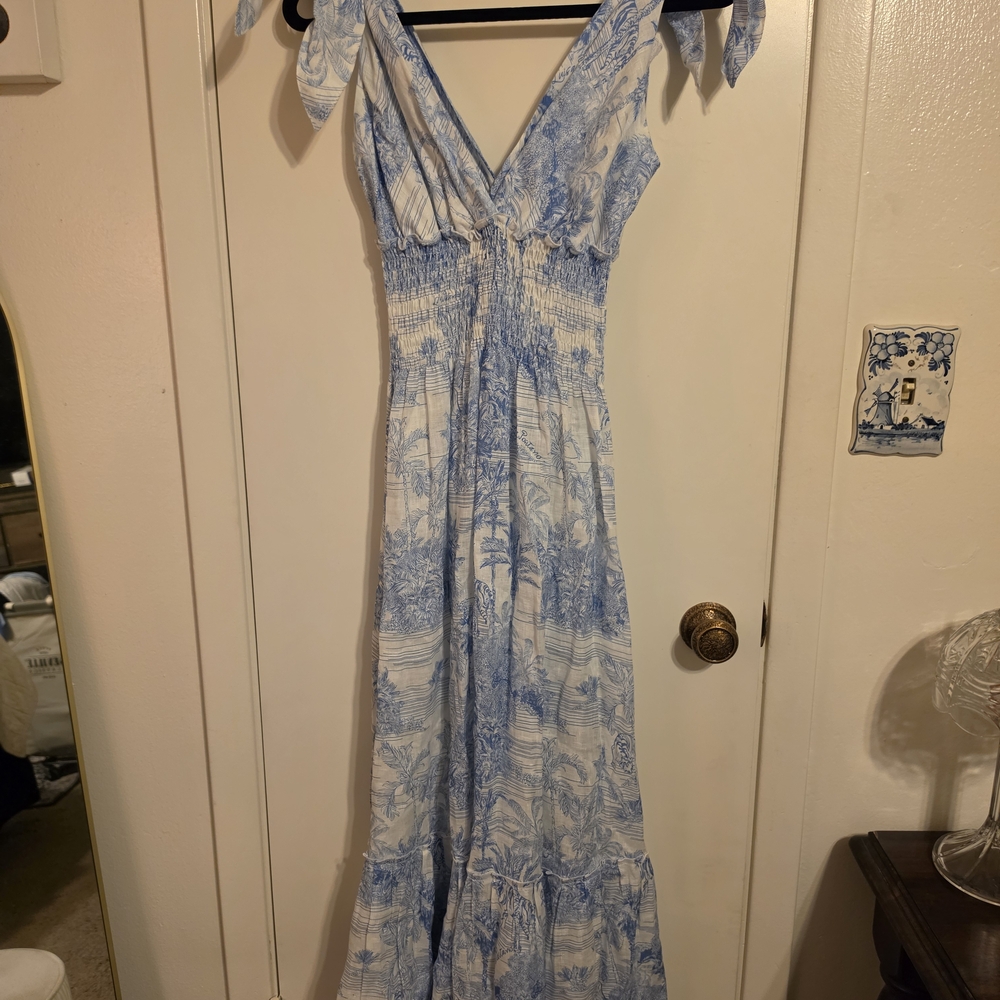 NWT Blue and White Toile Maxi Dress with Smocked Waist and Tie Shoulder Straps
